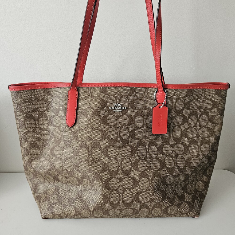 COACH  Signature Logo City Tote Bag Reversible Coated Canvas Brown And Pink